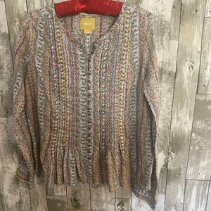 Maeve Anthropologie floral pleated peplum long sleeve button up up top Xsmall